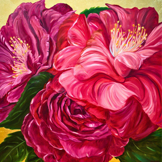 A BOUQUET OF CAMELLIAS, ORIGINAL OIL PAINTING &  GOLD LEAF, 48X48 IN