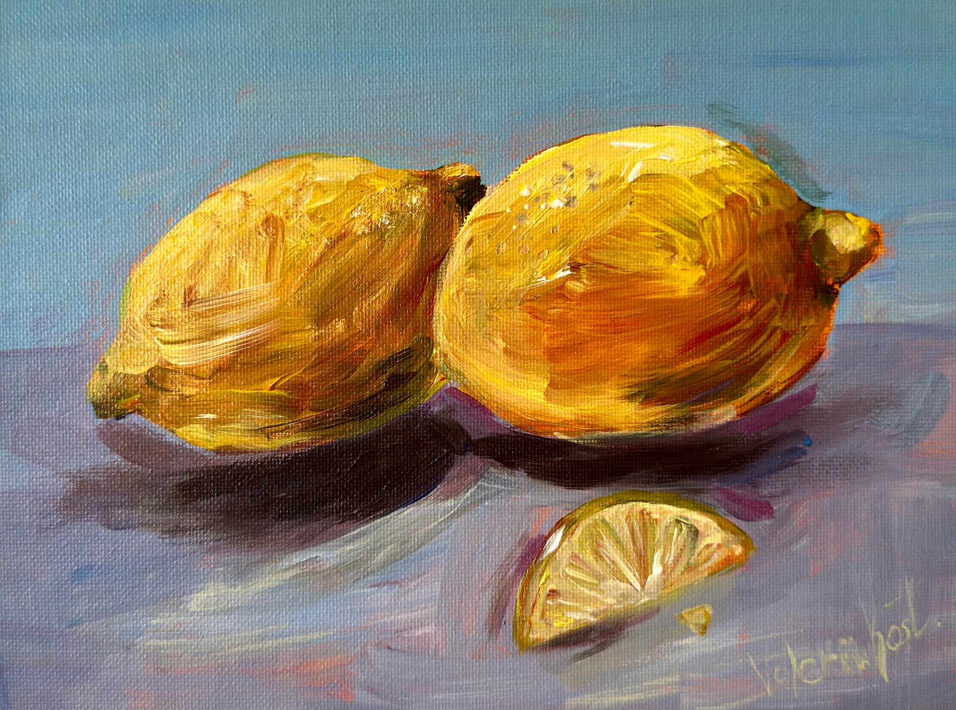 Painting of two lemons and a lemon wedge on a reflective surface with a blue background.