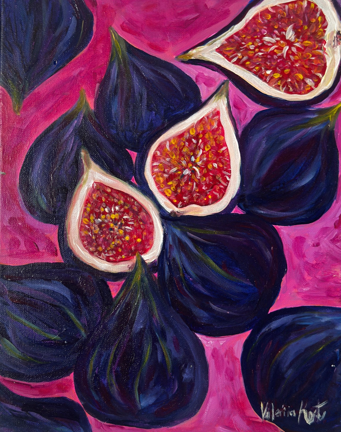 Painting of figs on a pink background with 'Valeria Kurti' signature.