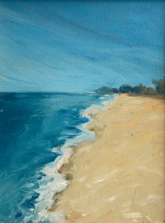 Framed painting of a beach scene on a plain wall