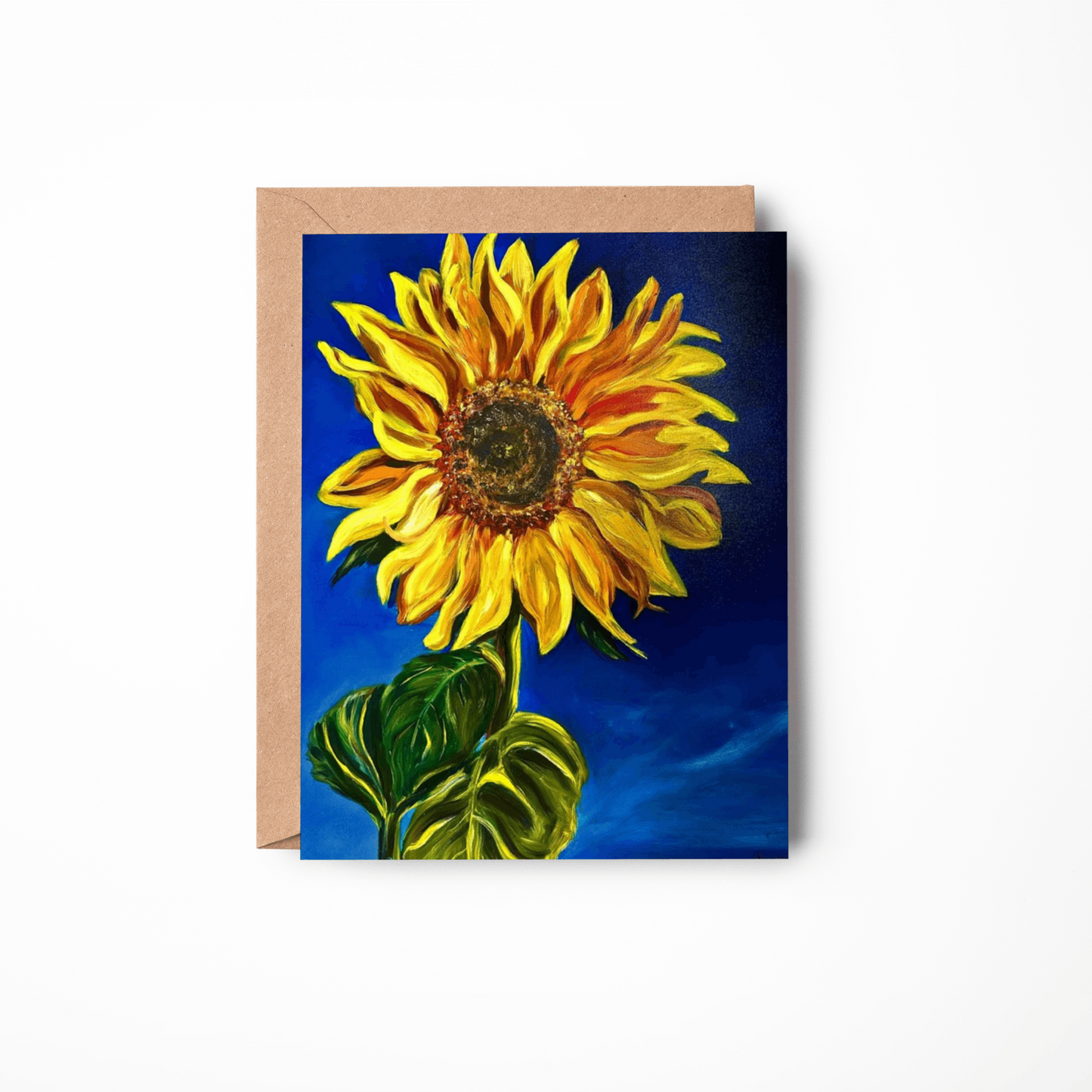 Greeting card with a sunflower design on a blue background