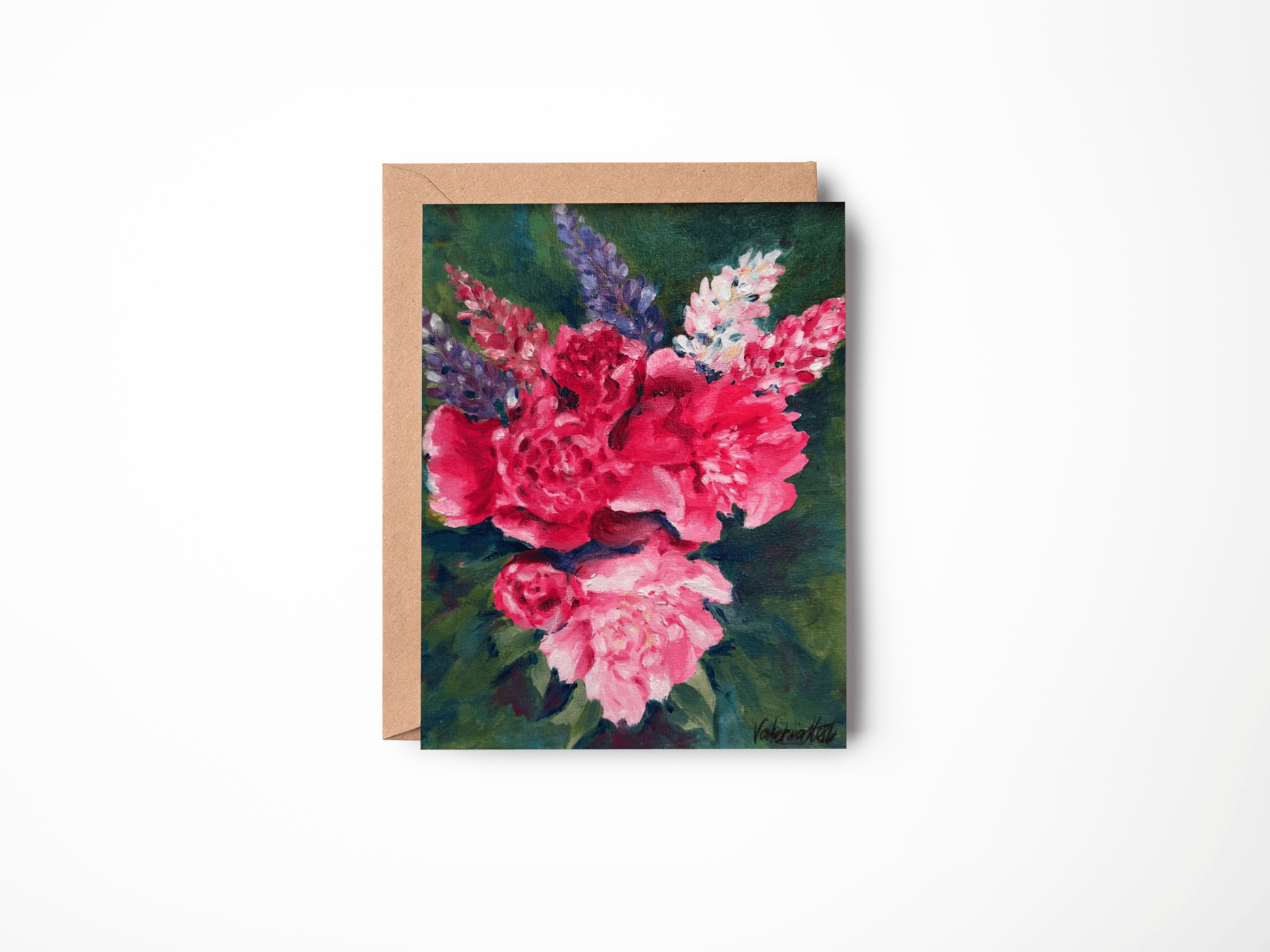 Floral greeting card with pink flowers and a brown envelope on a white background