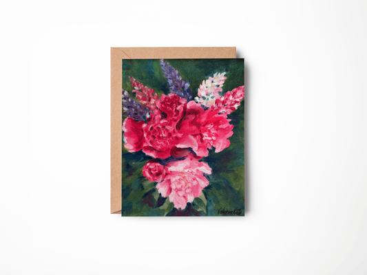 Floral greeting card with pink flowers and a brown envelope on a white background