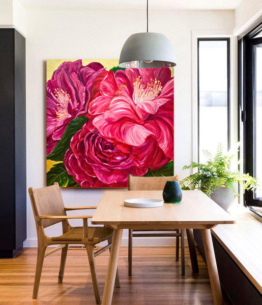 A BOUQUET OF CAMELLIAS, ORIGINAL OIL PAINTING &  GOLD LEAF, 48X48 IN