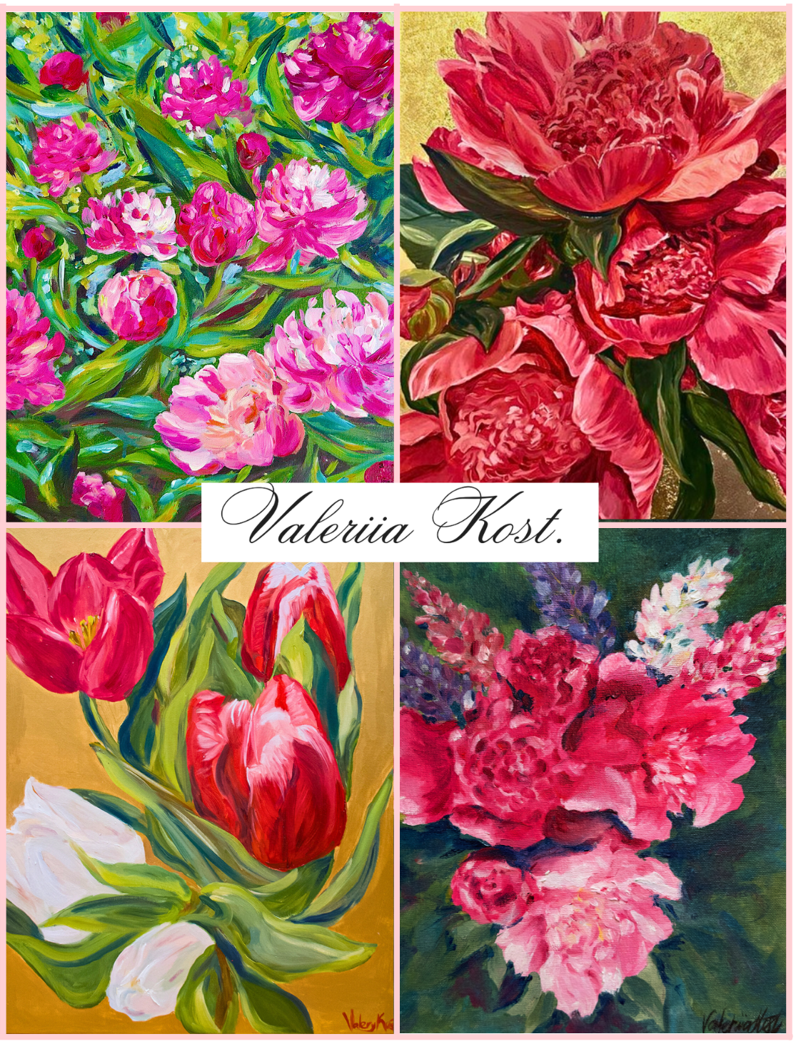 Collage of floral paintings by Valerija Kost, featuring pink, red, and green flowers on a white background.