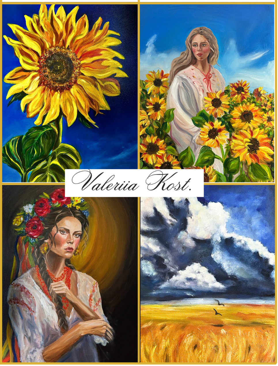 Collection of art postcards inspired by Ukrainian culture and nature, featuring a woman with flowers and landscapes.