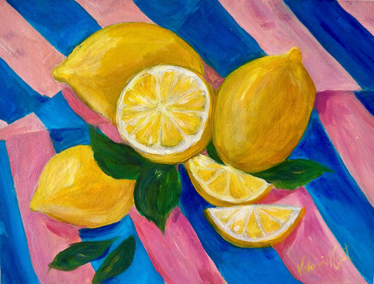 Striped Lemons - Original Acrylic Painting on Panel, 12x9 in