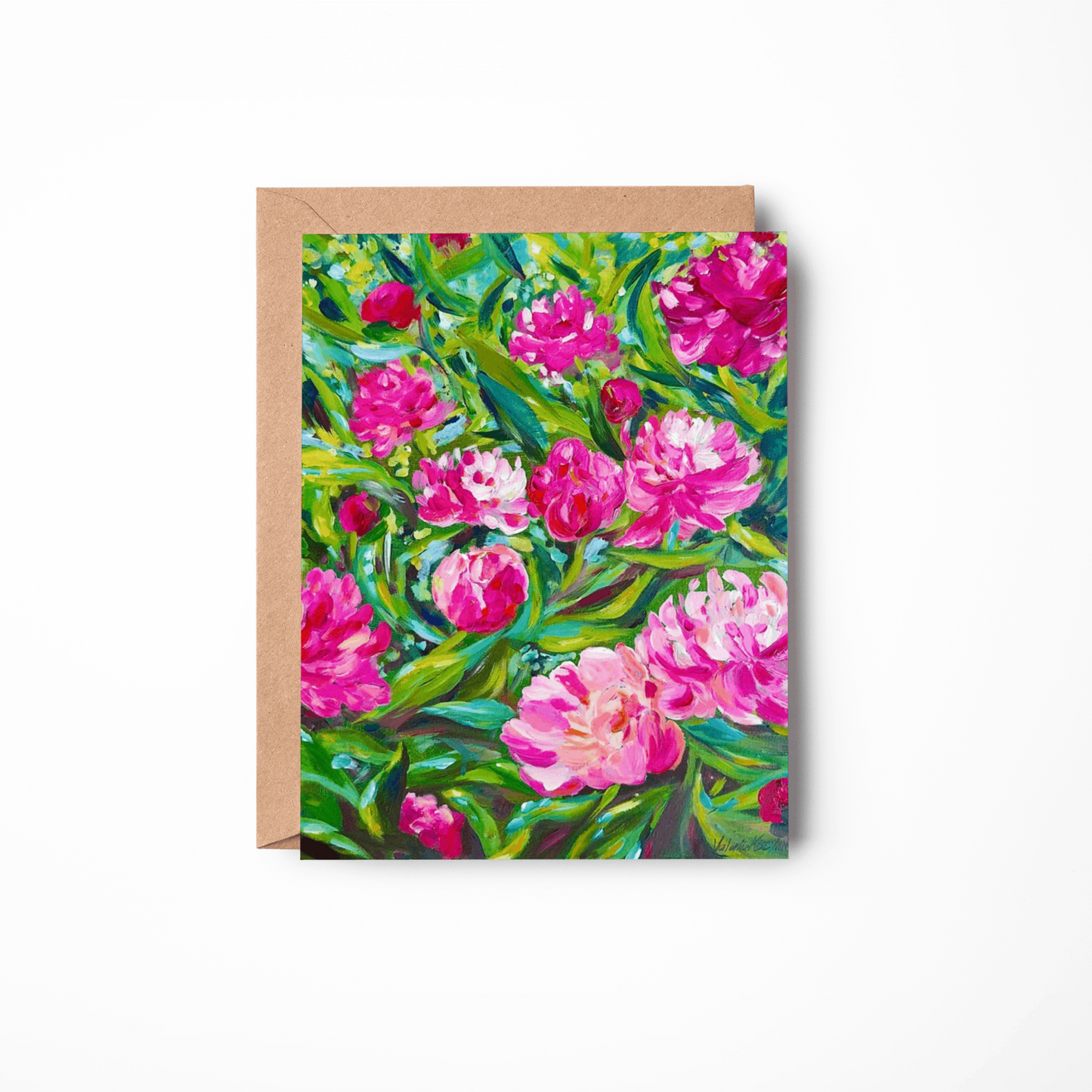 Floral greeting card with pink flowers on a white background